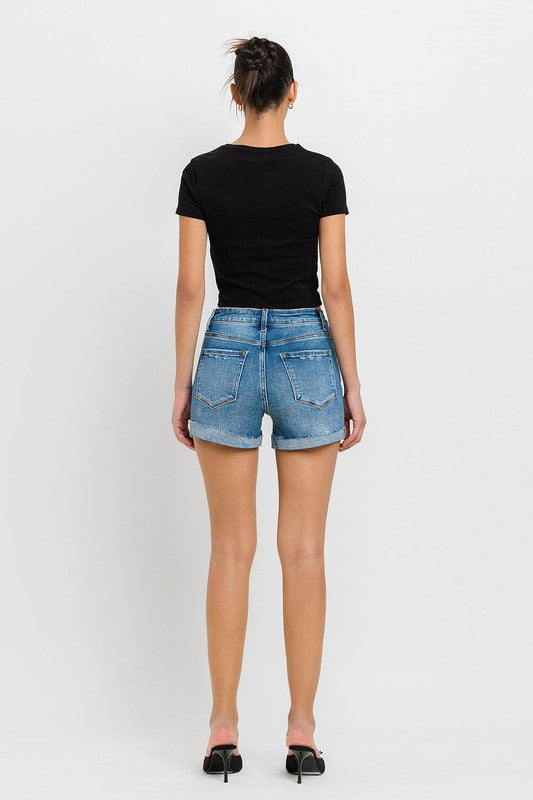 High Rise Button Up Cuff Hem Denim Shorts