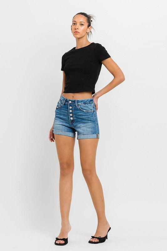 High Rise Button Up Cuff Hem Denim Shorts