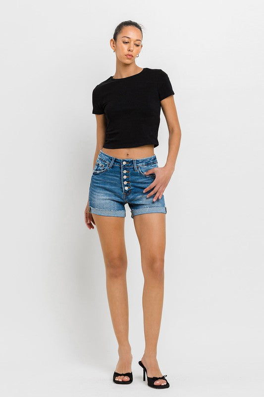 High Rise Button Up Cuff Hem Denim Shorts