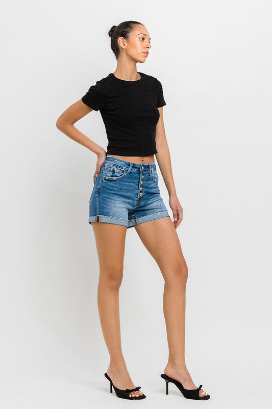 High Rise Button Up Cuff Hem Denim Shorts