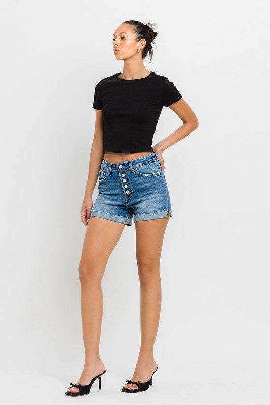 High Rise Button Up Cuff Hem Denim Shorts
