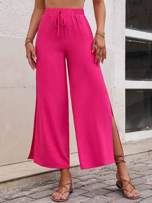 Stretch Waist High Thigh Slit Wide Leg Capri Trousers