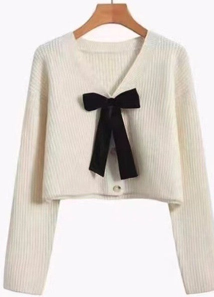 V-Neck Cropped Cardigan With Front Bow