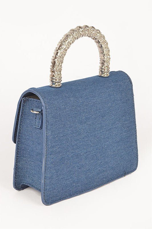 Silver Top Handle Denim Satchel with Detachable Shoulder Strap