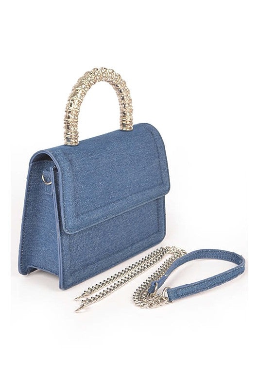 Silver Top Handle Denim Satchel with Detachable Shoulder Strap