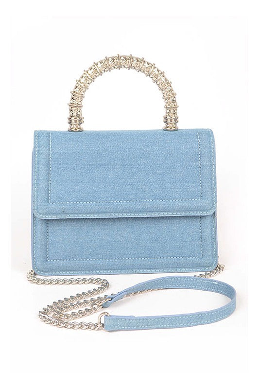 Silver Top Handle Denim Satchel with Detachable Shoulder Strap