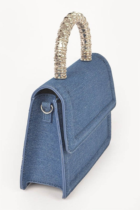 Silver Top Handle Denim Satchel with Detachable Shoulder Strap