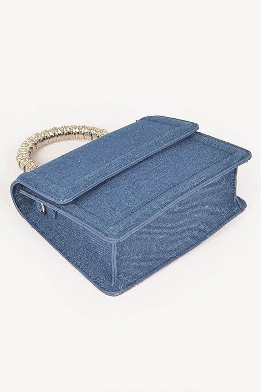 Silver Top Handle Denim Satchel with Detachable Shoulder Strap