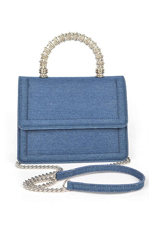 Silver Top Handle Denim Satchel with Detachable Shoulder Strap