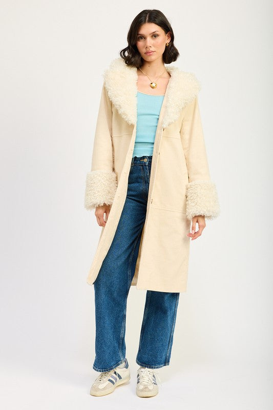 Faux Collar Fur Trench Coat