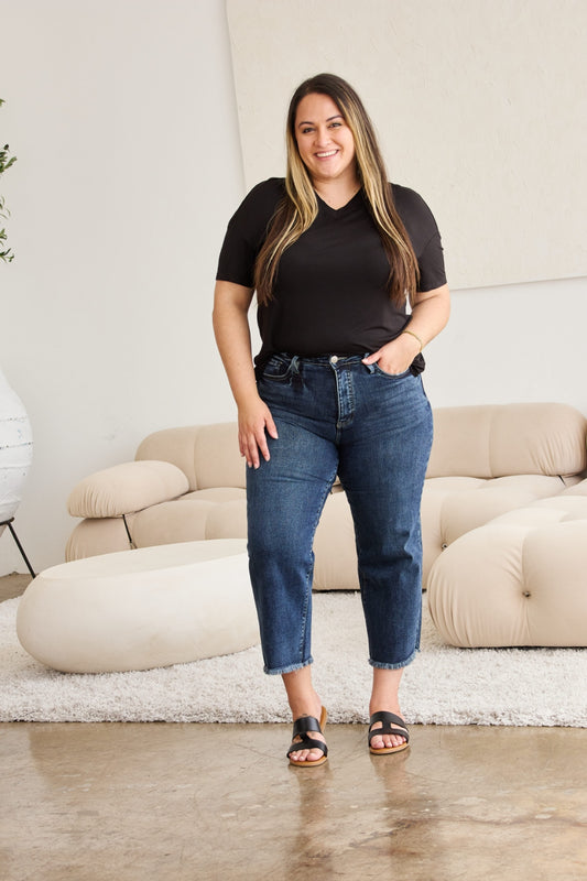 Tummy Control High Waist Raw Hem Capri Pants