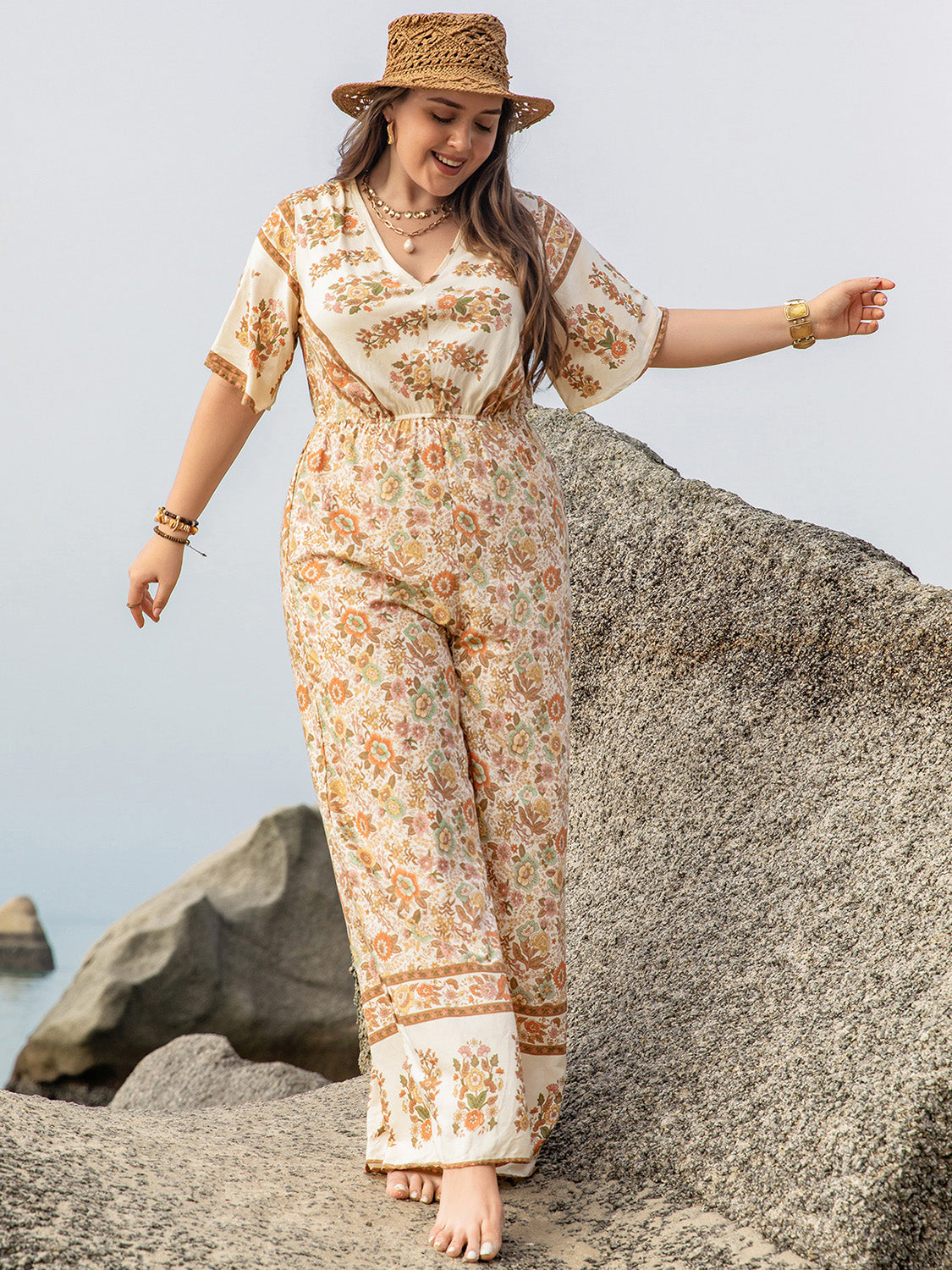 Plus Size V-Neck Flutter Sleeve Wide Leg  Floral Print Jumpsuit