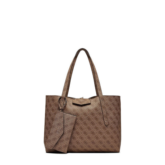 A brown faux leather Guess handbag with a zippered closure and an interior pouch.