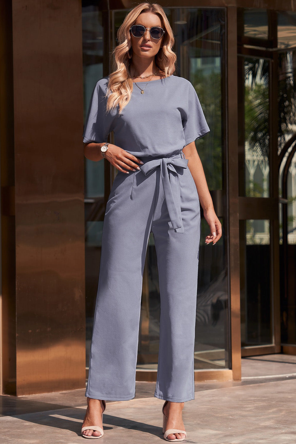 Side Tie Up Waist Straight Leg Jumpsuit