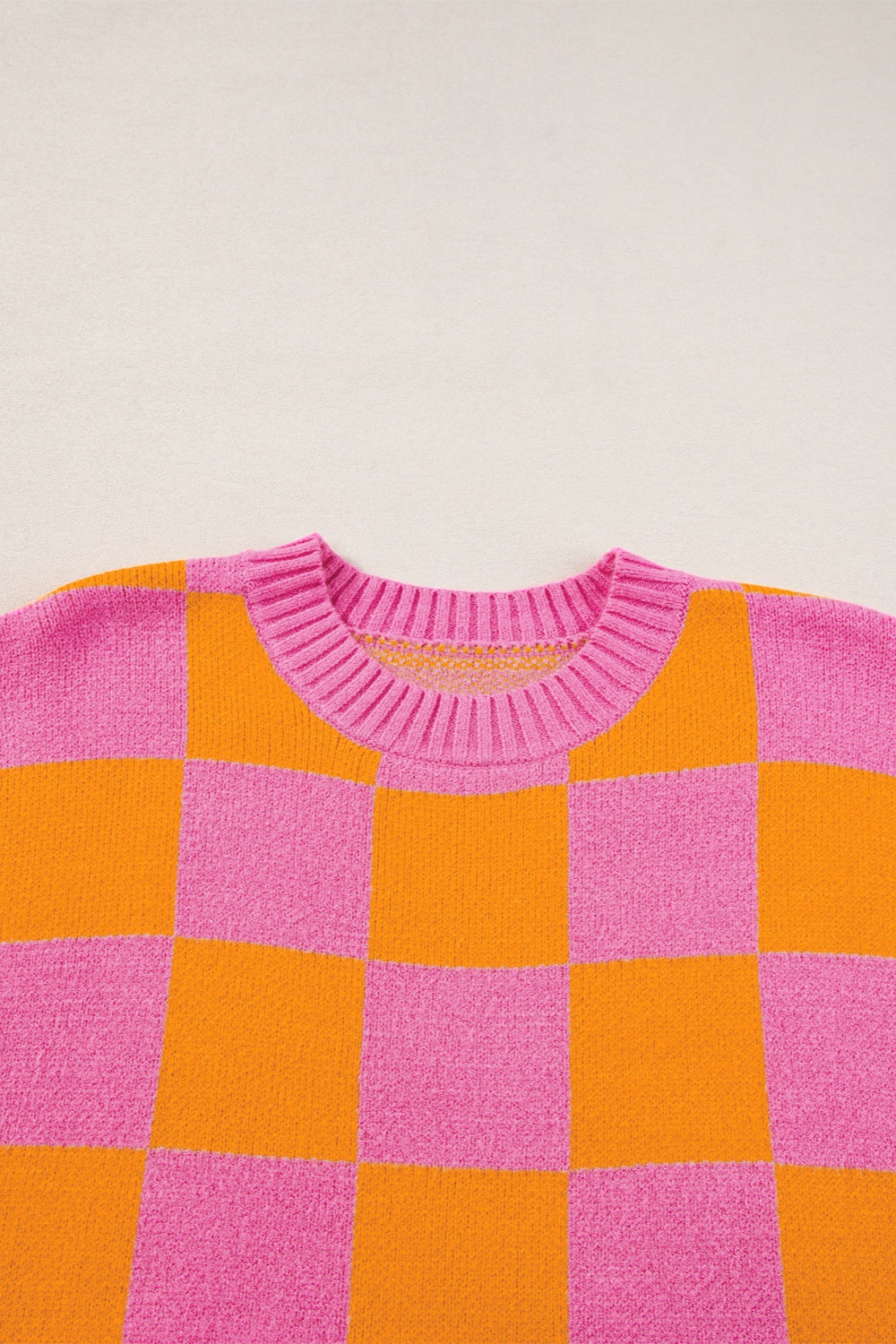 Checkered Board Pattern Round Neck Short Sleeve Sweater