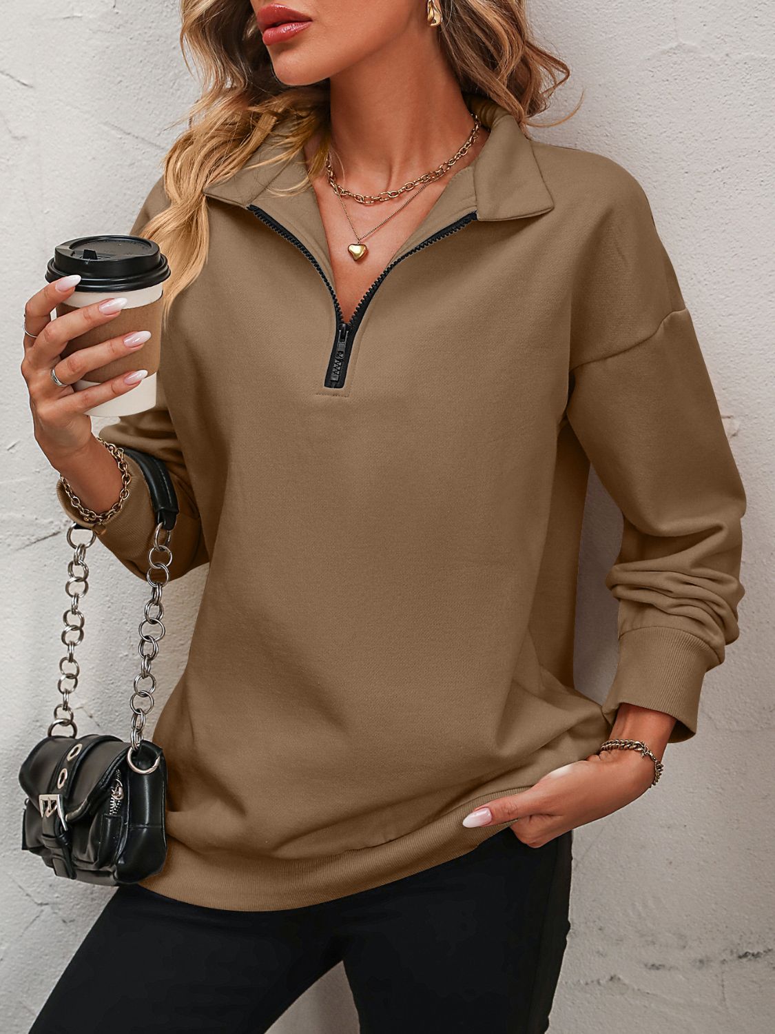 Half Zip-Up Dropped Shoulder Pullover Sweatshirt