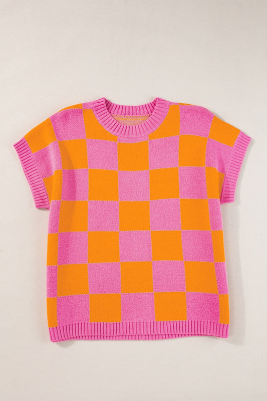 Checkered Board Pattern Round Neck Short Sleeve Sweater
