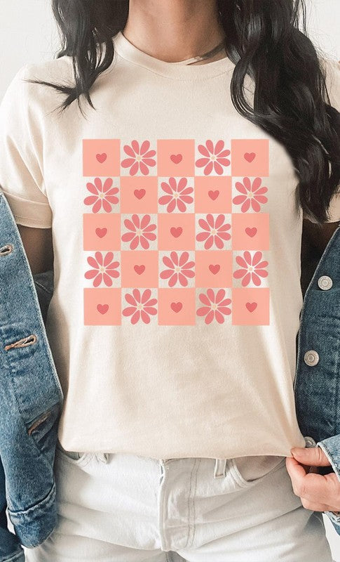 Flower and Heart Checker Print Graphic Tee
