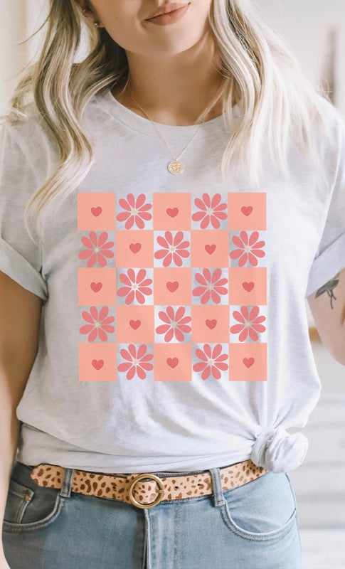 Flower and Heart Checker Print Graphic Tee