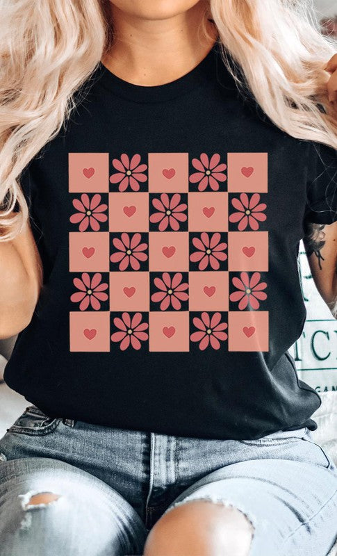 Flower and Heart Checker Print Graphic Tee
