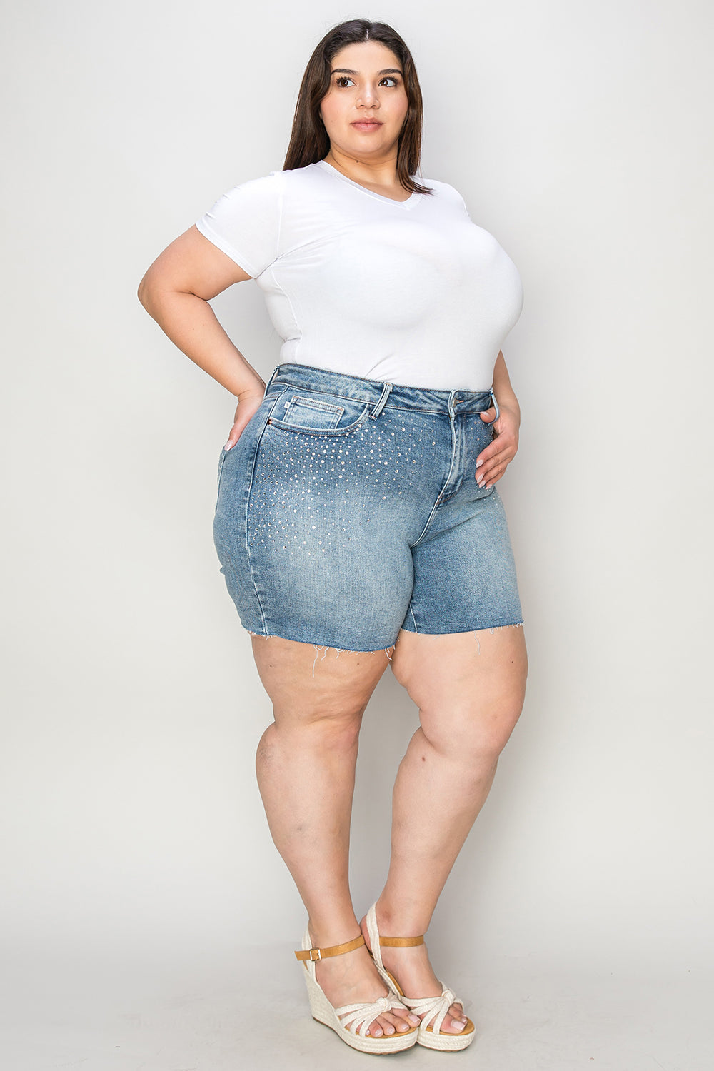 Judy Blue Mid Length Denim Shorts Rhinestone Decor Denim Shorts