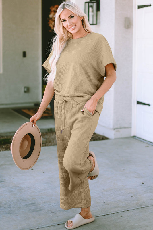 Double Take Short Sleeve Top and Capri Wide Leg Joggers Set