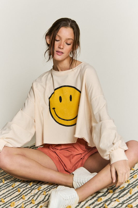 Oversized Long Sleeve Smiley Face Crop Top