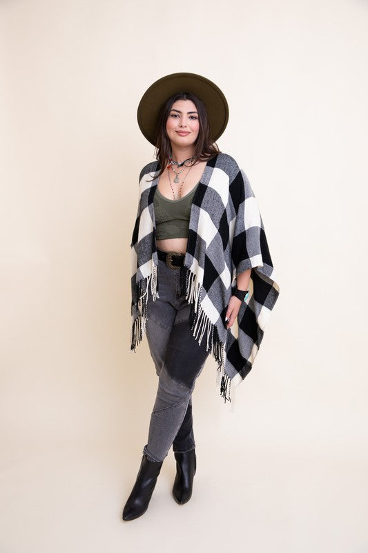 Plaid Poncho with Hanging Tassels
