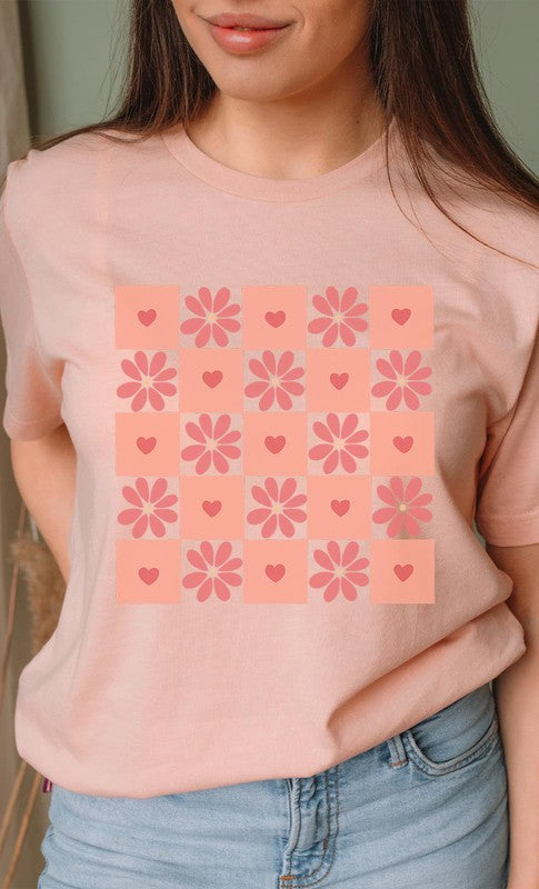 Flower and Heart Checker Print Graphic Tee