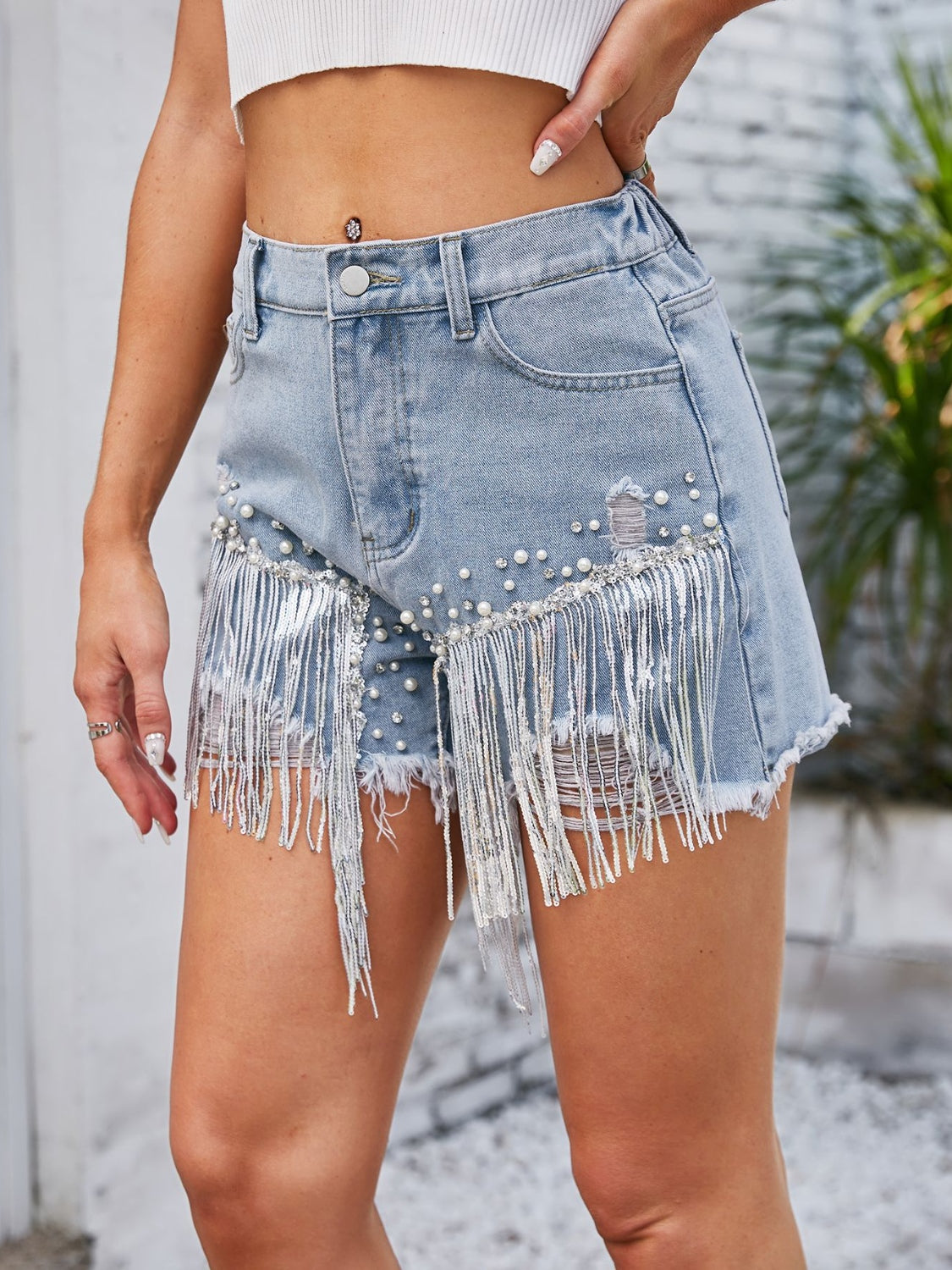 Fringes and Pearls Denim Shorts with Pockets