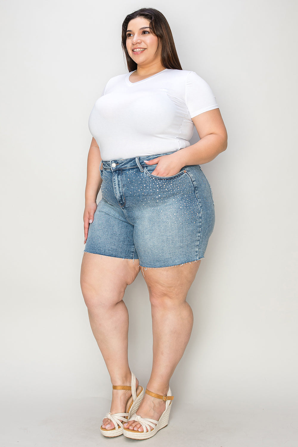 Judy Blue Mid Length Denim Shorts Rhinestone Decor Denim Shorts