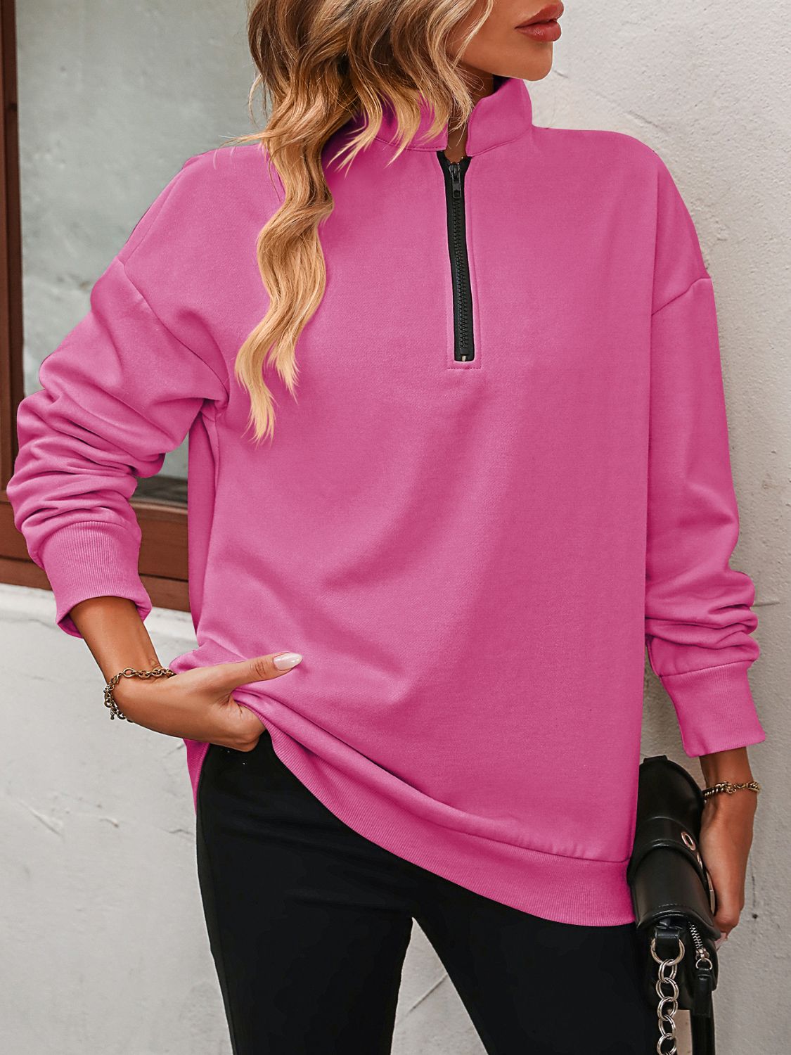 Half Zip-Up Dropped Shoulder Pullover Sweatshirt