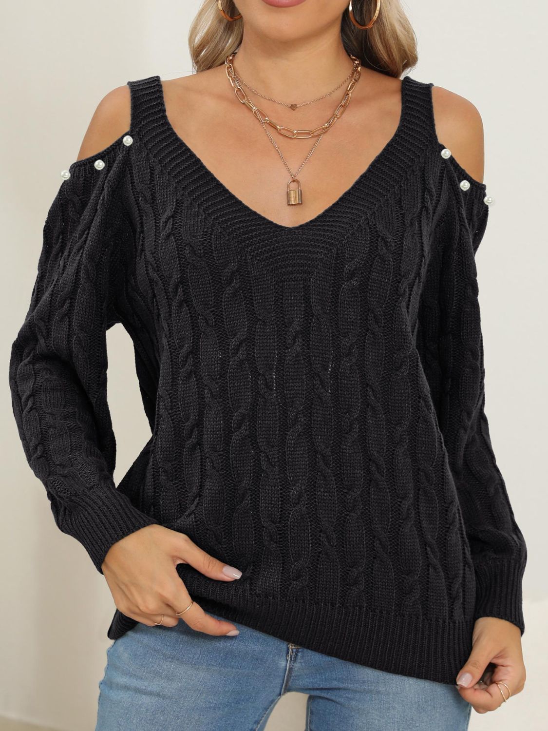 Cable-Knit Double Cold Shoulder Sweater