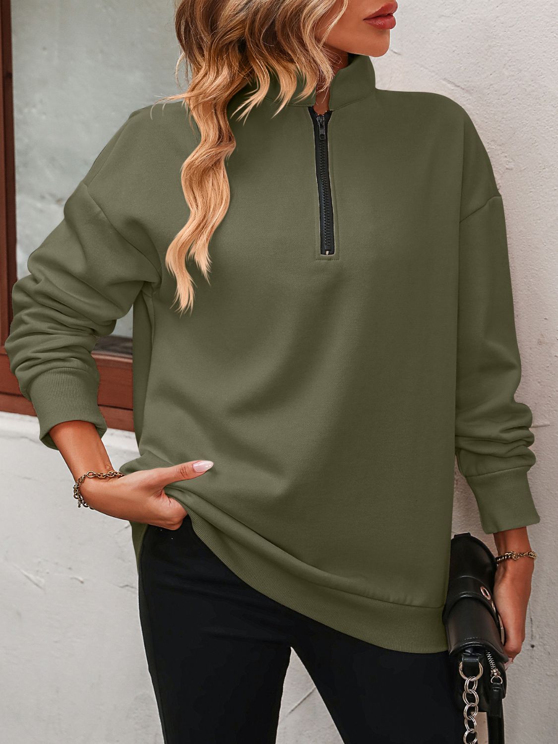 Half Zip-Up Dropped Shoulder Pullover Sweatshirt