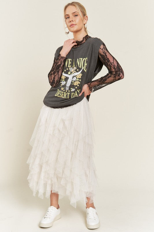 Plus Size Layer Polka Dot Mesh Lined Midi Skirt