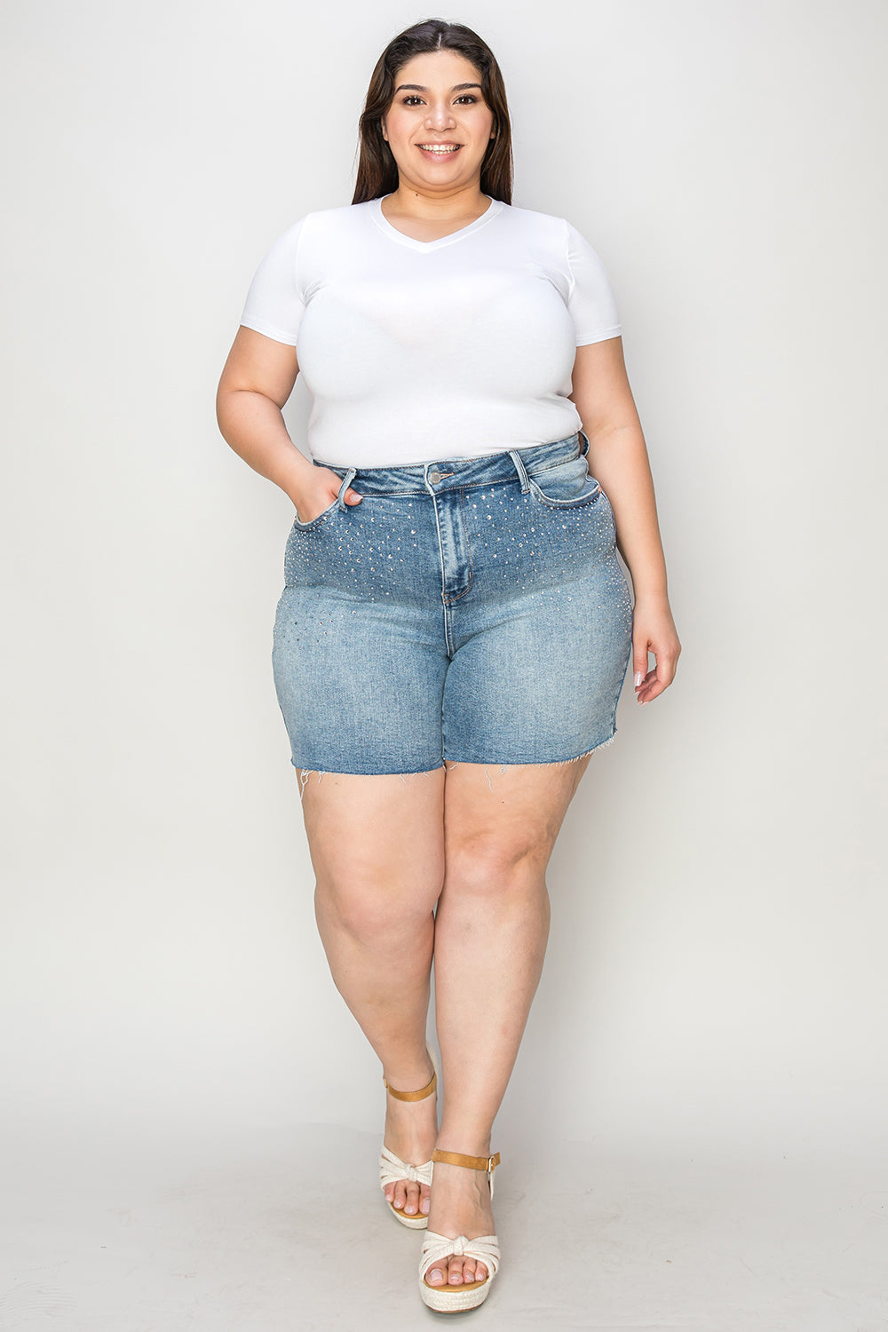 Judy Blue Mid Length Denim Shorts Rhinestone Decor Denim Shorts