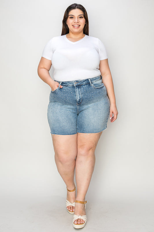 Judy Blue Mid Length Denim Shorts Rhinestone Decor Denim Shorts