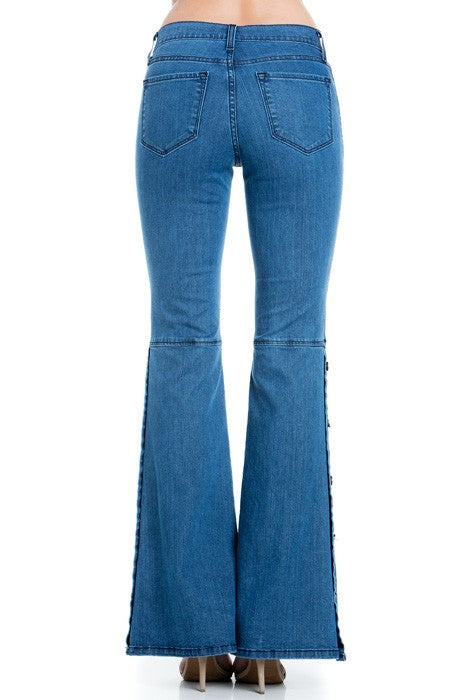 Button Wide Bottom Stretch Denim Jeans