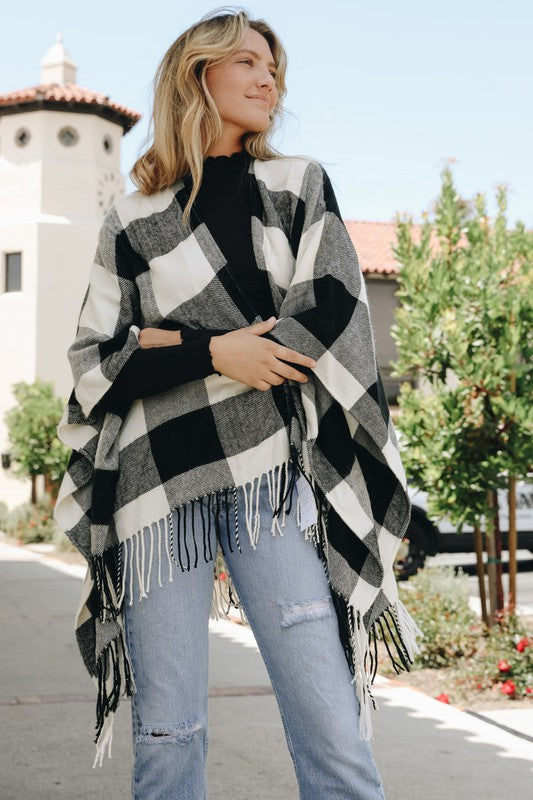Plaid Poncho with Hanging Tassels