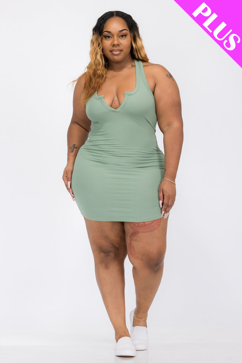 Plus Size Ribbed Split Neck Tank Mini Dress