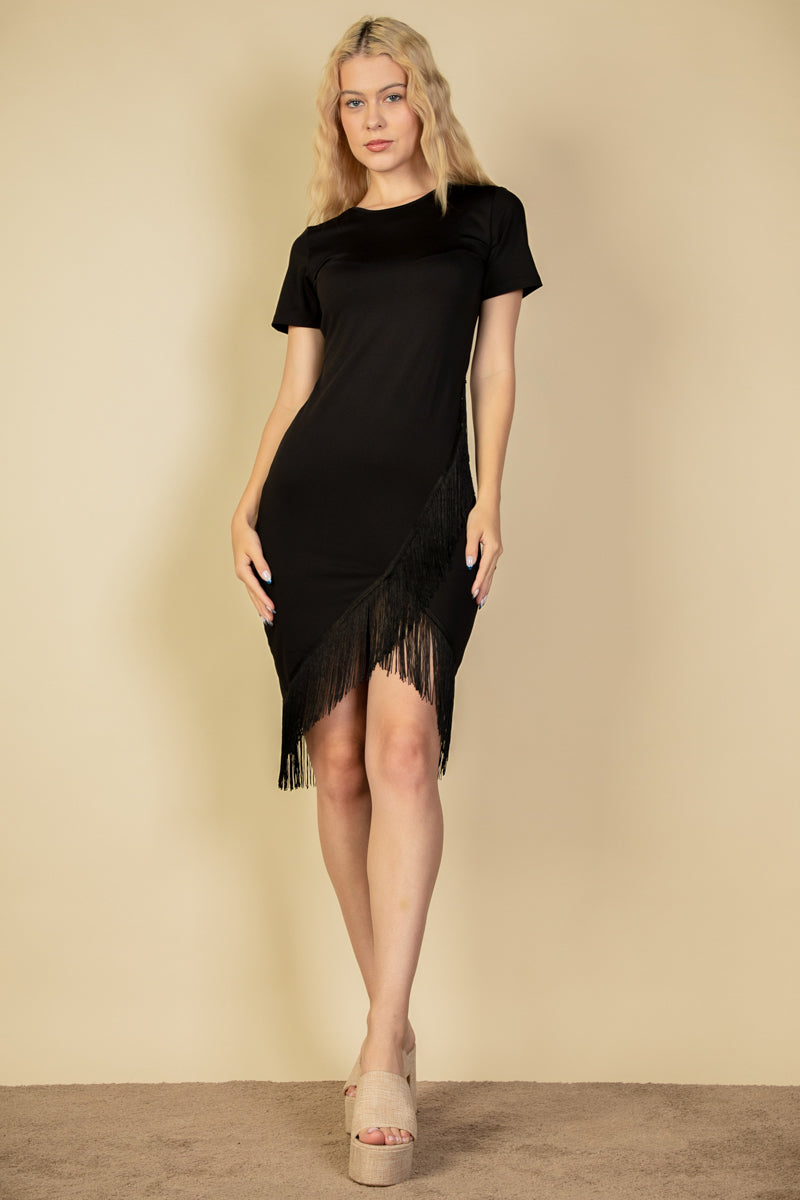 Fringe Hem Short Sleeve Bodycon Pencil Mini  Dress