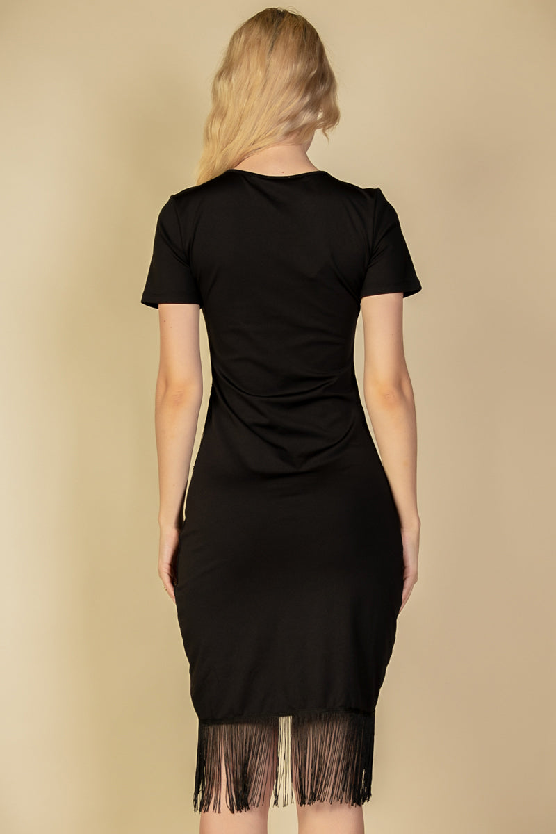 Fringe Hem Short Sleeve Bodycon Pencil Mini  Dress