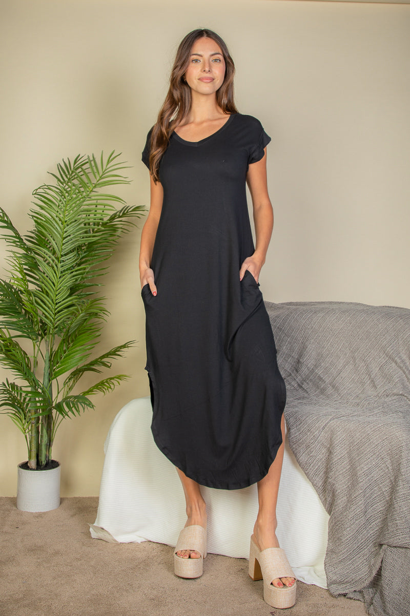 Casual V Neck Maxi Dress with Pockets