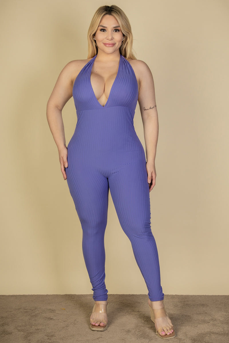 Plus Size Halter V Neck Ribbed Bodycon Jumpsuit
