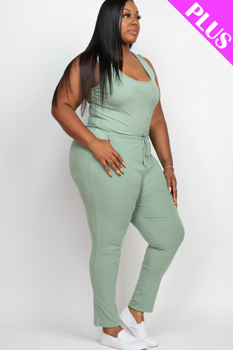 Plus Size Ribbed Sleeveless Drawstring Waist Jumpsuit