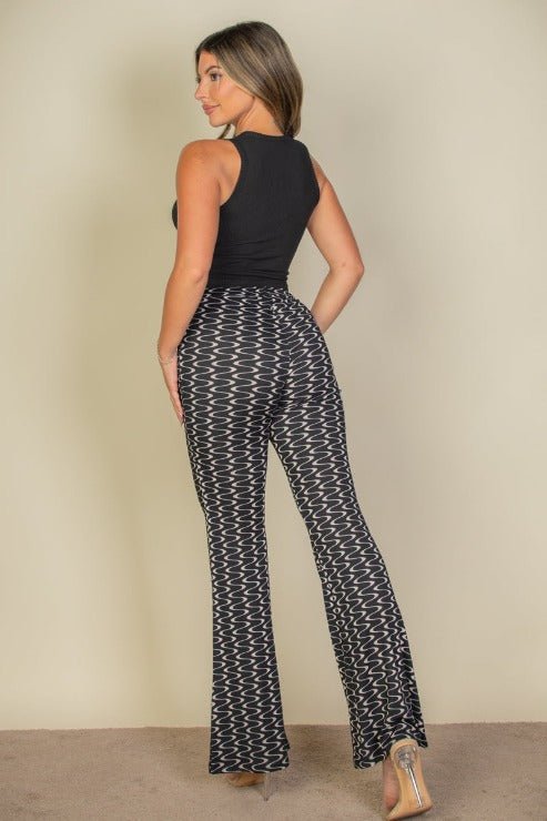 Wide Leg Wavy Print Stretch Flare Pants