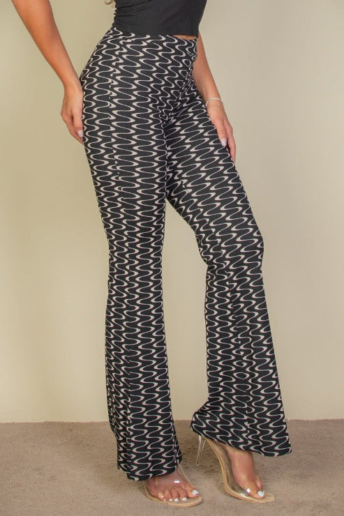 Wide Leg Wavy Print Stretch Flare Pants