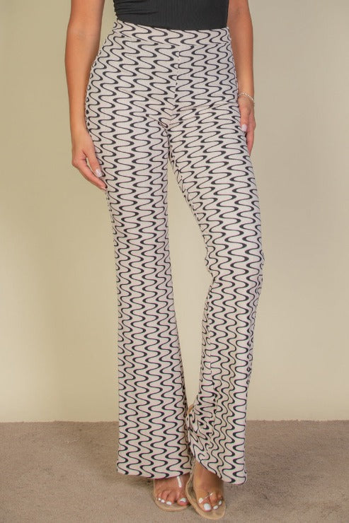 Wide Leg Wavy Print Stretch Flare Pants