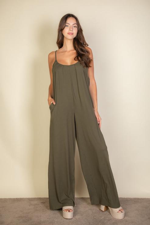 Spaghetti Strap Solid Wide Leg Jumpsuit