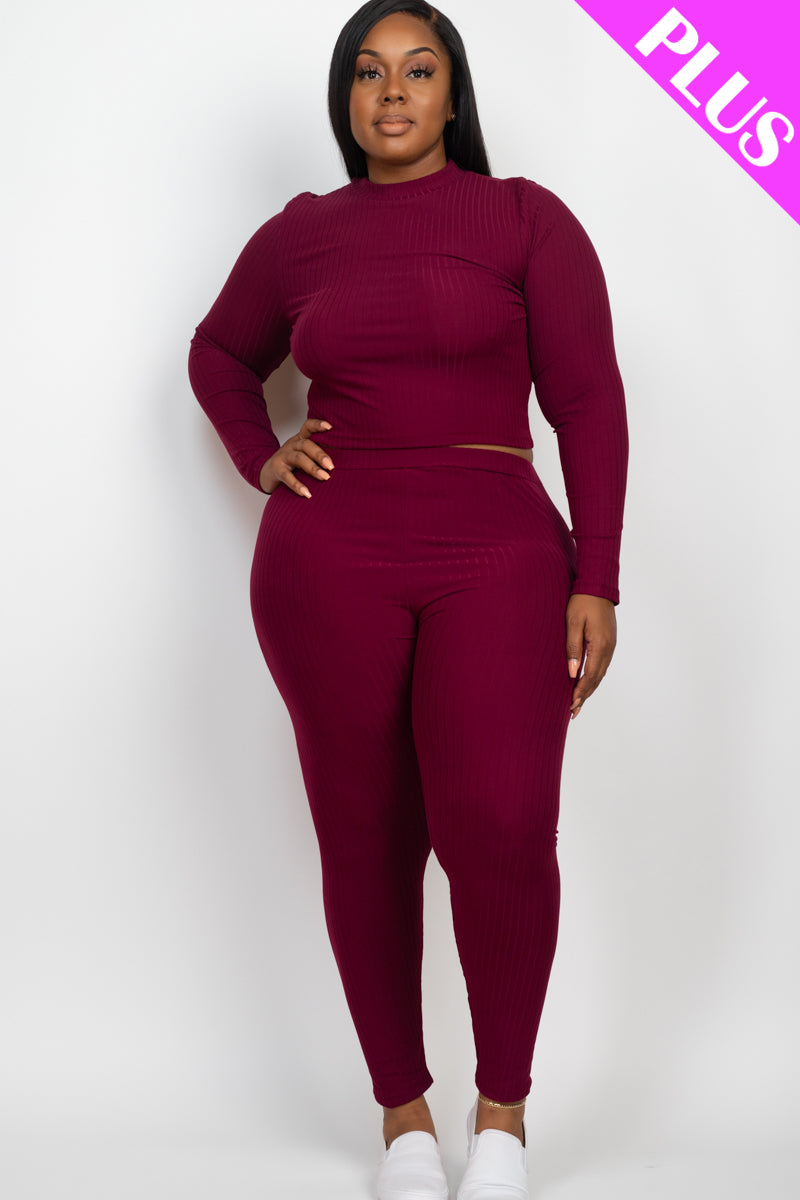 Plus Size Ribbed Mock Neck Long Sleeve Top & Leggings Set